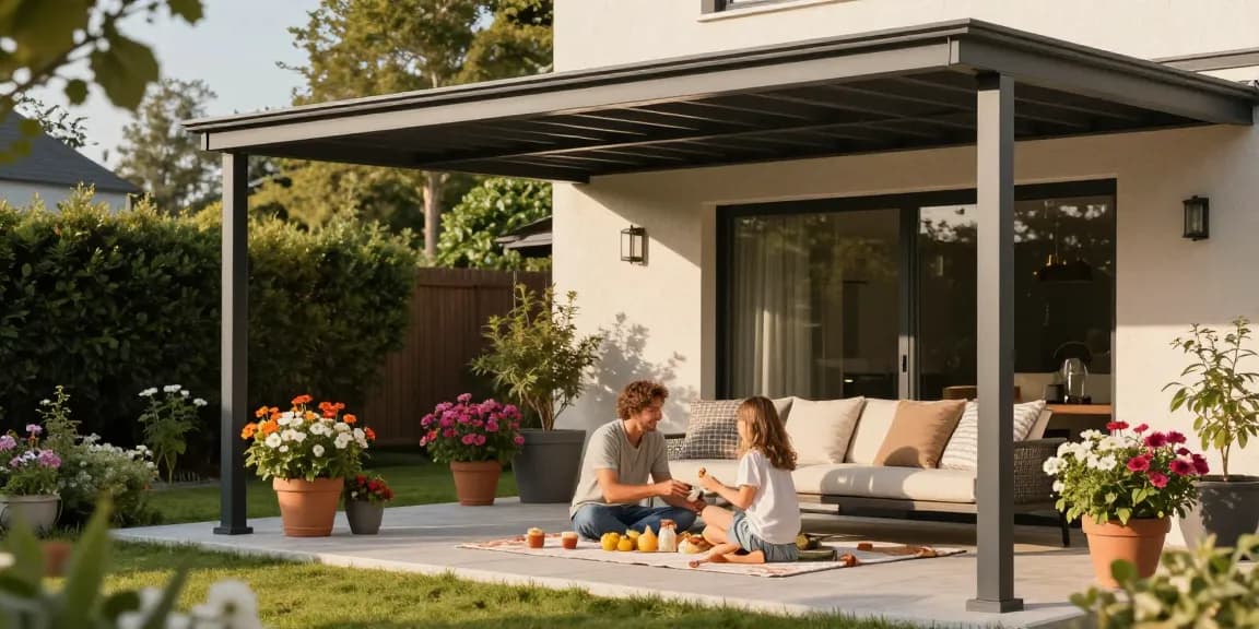 Terrassenüberdachungen im modernen Aluminium-Stil, perfektes Gartenambiente für Freizeit und Entspannung.