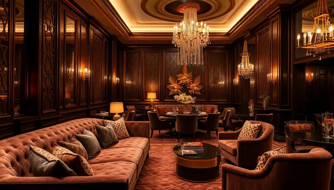 Experience luxury through elegantly designed plush sofas in a warm and inviting lounge setting.
