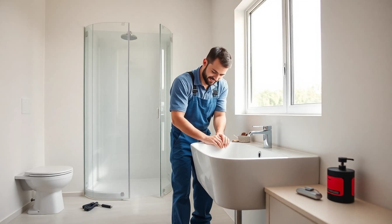 Installateur Notdienst: Professioneller Klempner repariert Waschbecken in modernem Badezimmer.