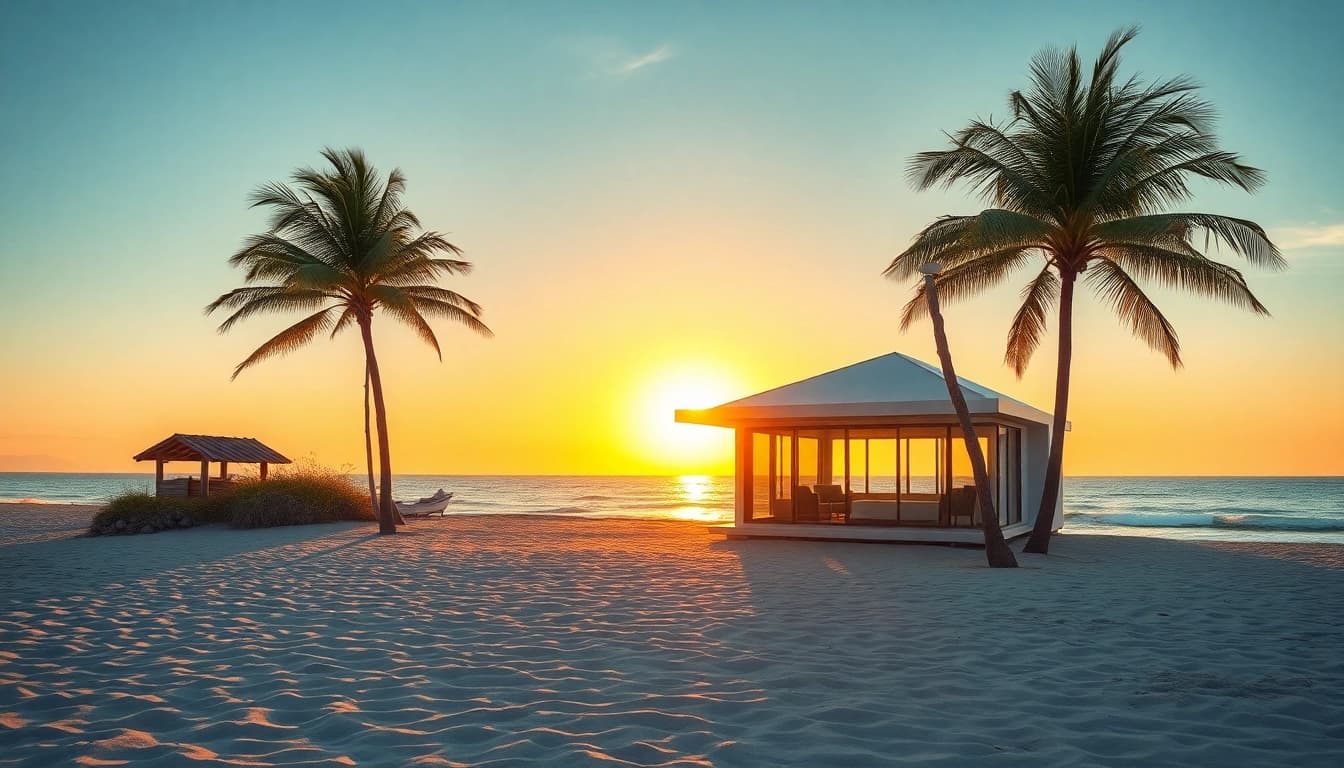 Entspanne in einem stilvollen Küsten-Cabana mit Palmen und Ozeanblick bei Sonnenuntergang.