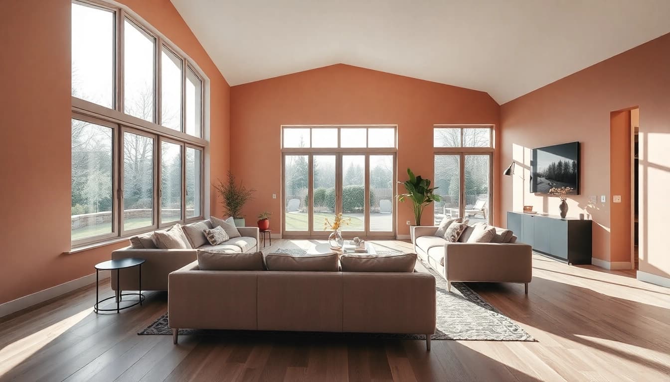 Ein modernes Wohnzimmer, das den Hauskauf inspiriert, mit natürlichem Licht und elegantem Design.