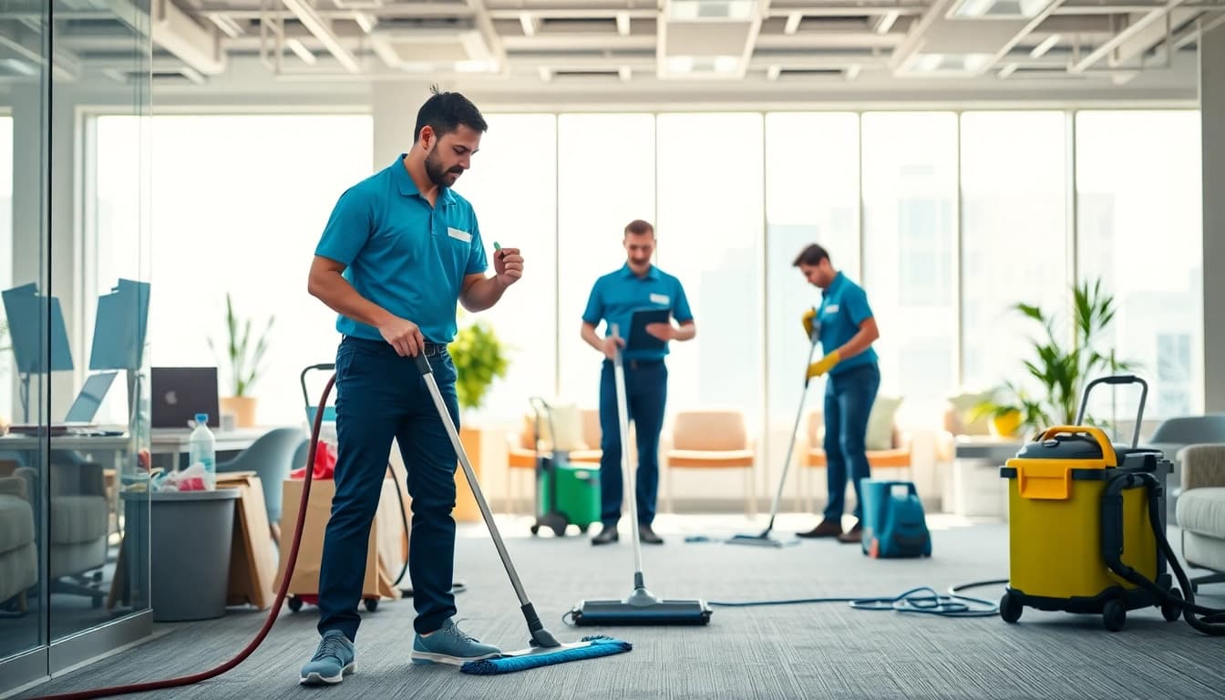 Professionelles Team für Gebäudereinigung Ulm während des Reinigungsprozesses in einem Büro.