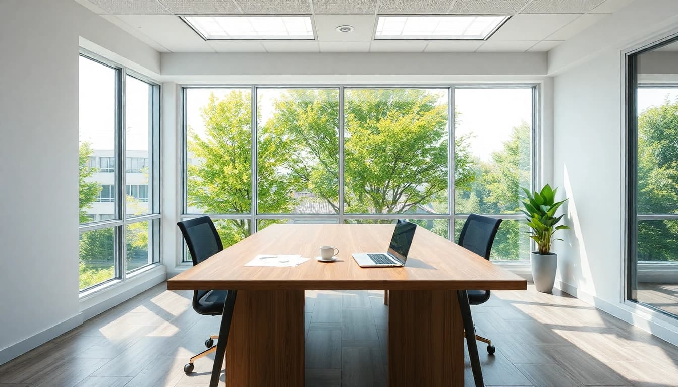 Professioneller Headhunter Mühlheim arbeitet in hell erleuchtetem Büro mit Stadtblick.
