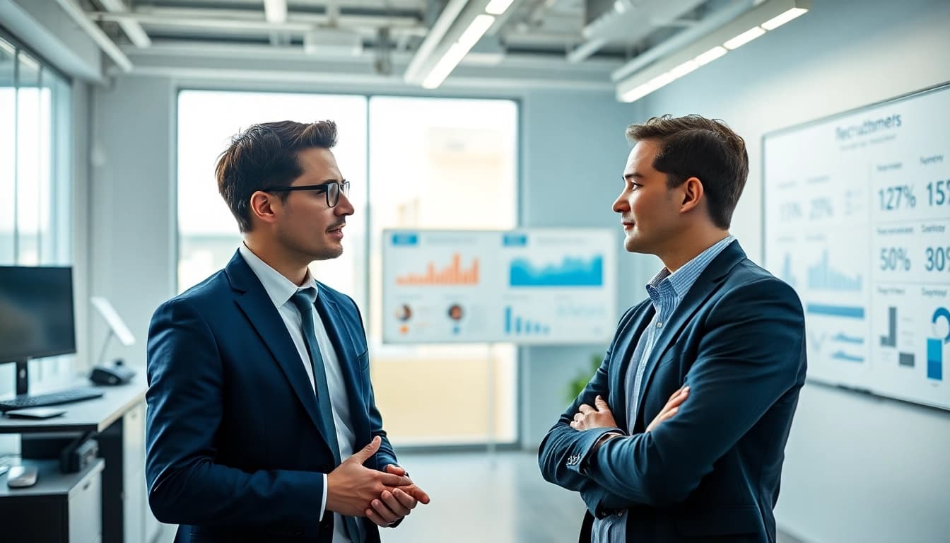 Headhunter IT berät einen Kandidaten in einem modernen Büro für eine erfolgreiche Zusammenarbeit.