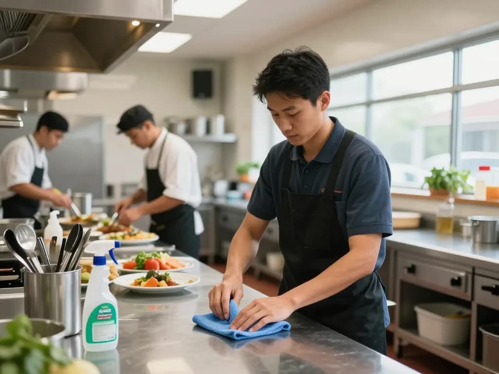Professionelle Gastro-Reinigung in Münster mit einer professionellen Reinigungskraft, die Küchenelemente in einer belebten Restaurantküche schrubbt.