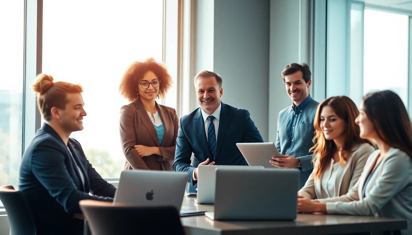 Headhunter Saarbrücken engages with candidates in a modern office, showcasing recruitment efforts.