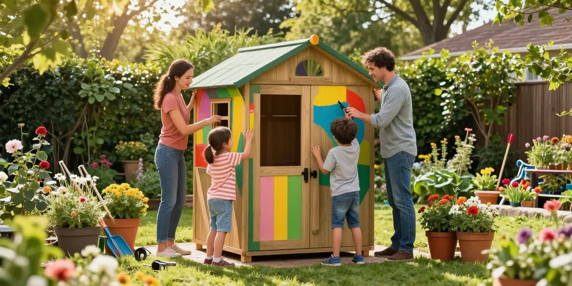 Gartenhaus kaufen: Familie baut gemeinsam ein Holz-Gartenhaus im blühenden Garten.