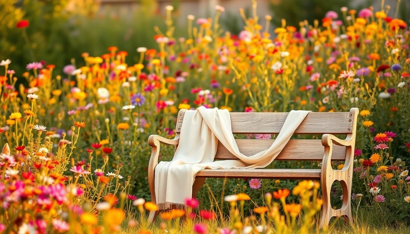 Transform your photoshoot background with a whimsical garden full of vibrant wildflowers and a vintage bench.