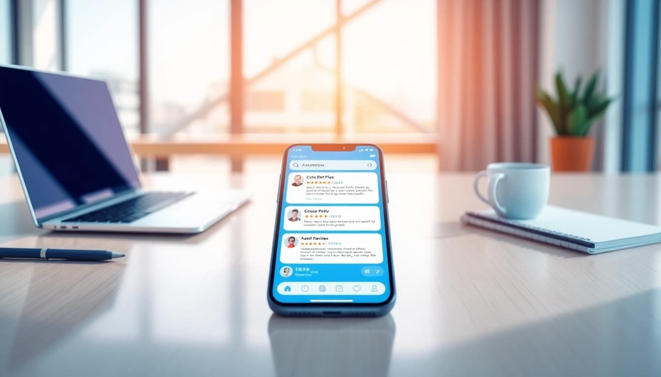 Showcase a digital feedback tool 'Review Plus' on a smartphone amidst a professional office setting, highlighting innovation and customer engagement.