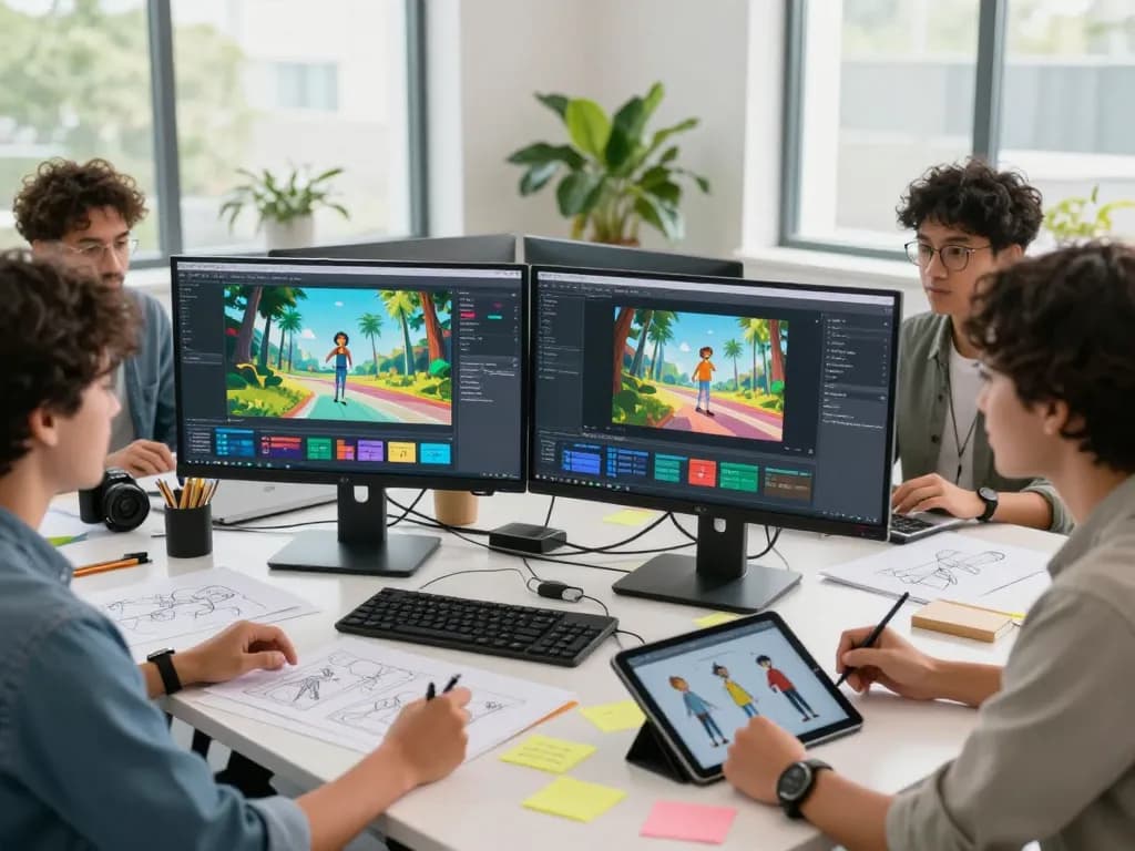 A creative team showcasing motion control ai technology during collaborative session with animations on screens.