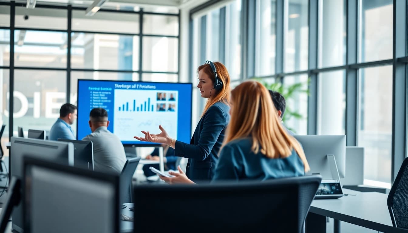 IT Dienstleister team collaborating in a modern office environment, focused and engaged.