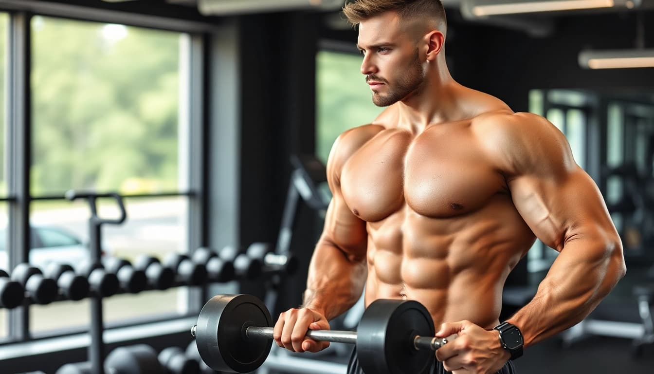 Ein muskulöser Bodybuilder mit Unique Pharma Steroids im Fitnessstudio