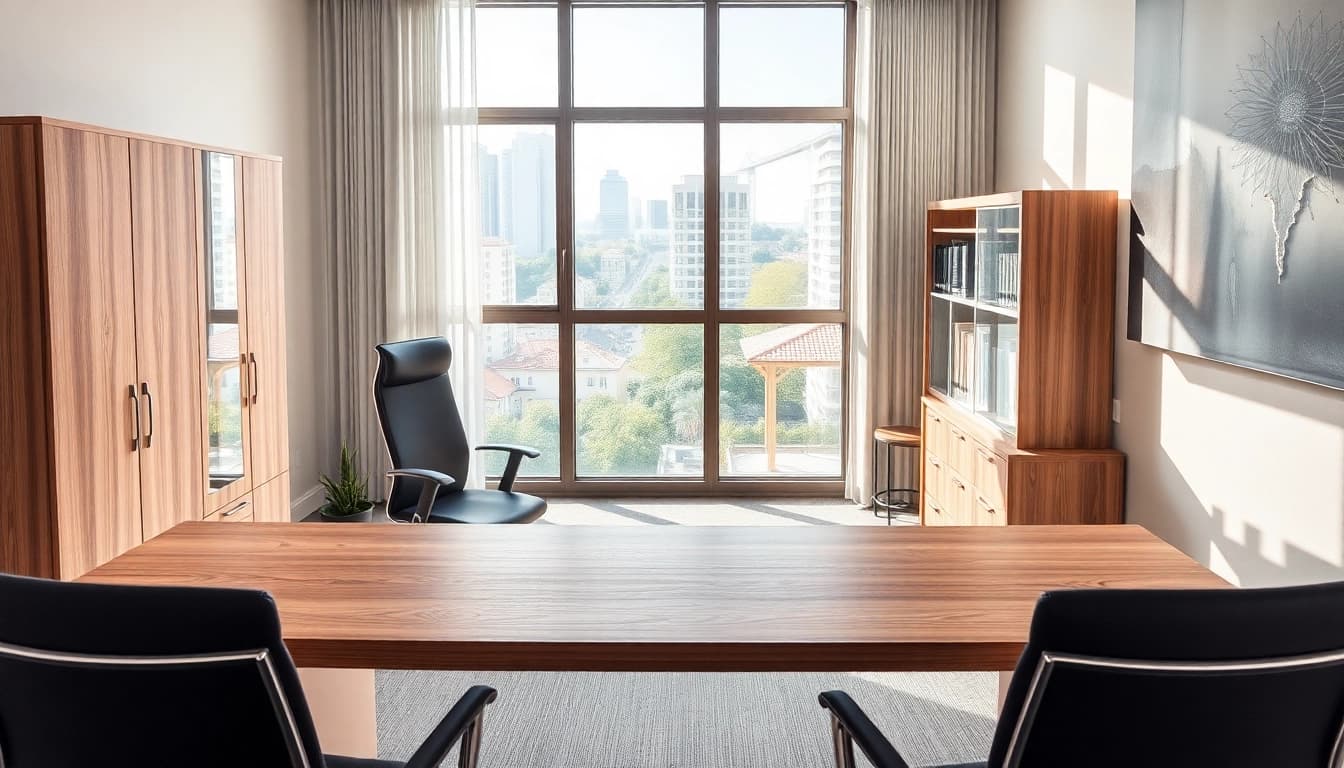 Stilvolle Büroeinrichtung mit hochwertigen Büromöbeln, ergonomischem Stuhl und Schreibtisch.