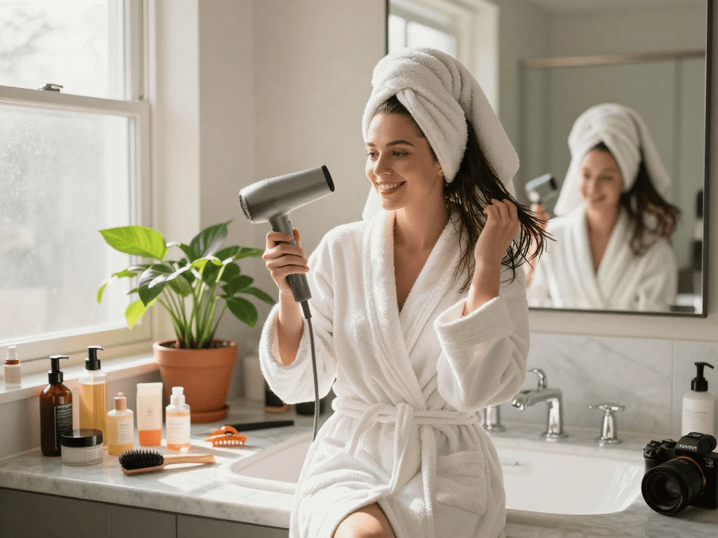 Woman using a compact hair dryer in a bright, stylish bathroom.