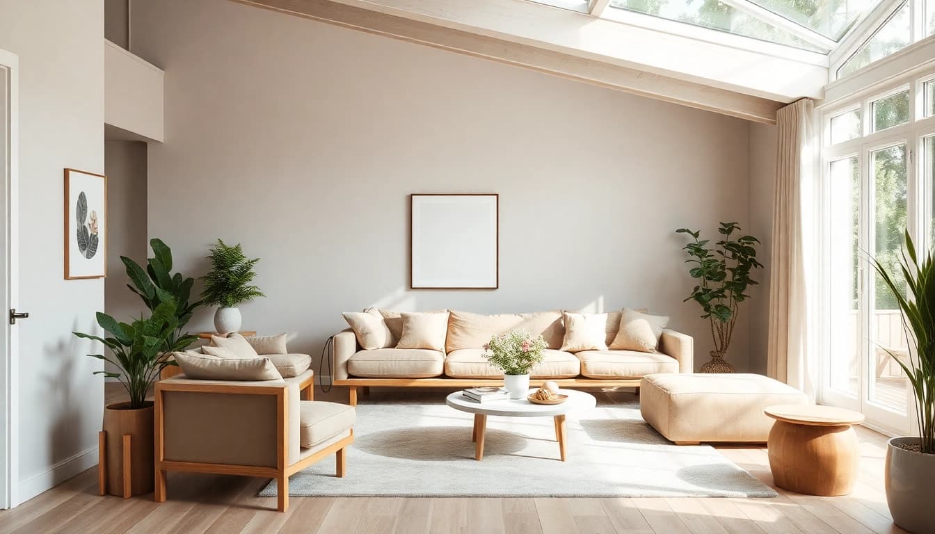 Raumgestaltung eines modernen Wohnzimmers mit natürlichem Licht und harmonischen Farben.