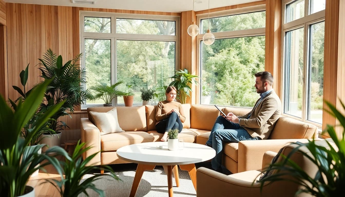 Coaching in Lebenskrisen: Ein beruhigendes Coaching-Büro mit Menschen im Gespräch.