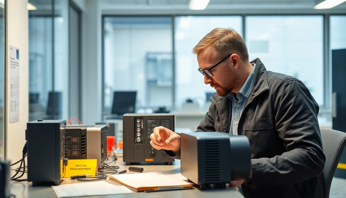 Techniker führt eine DGUV V3 Prüfung an elektrischen Geräten durch, um Sicherheit am Arbeitsplatz zu gewährleisten.