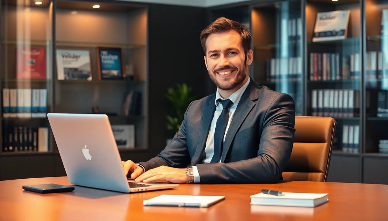 Professioneller Headhunter für Vertriebsmitarbeiter am Schreibtisch mit Laptop und Vertriebsliteratur.