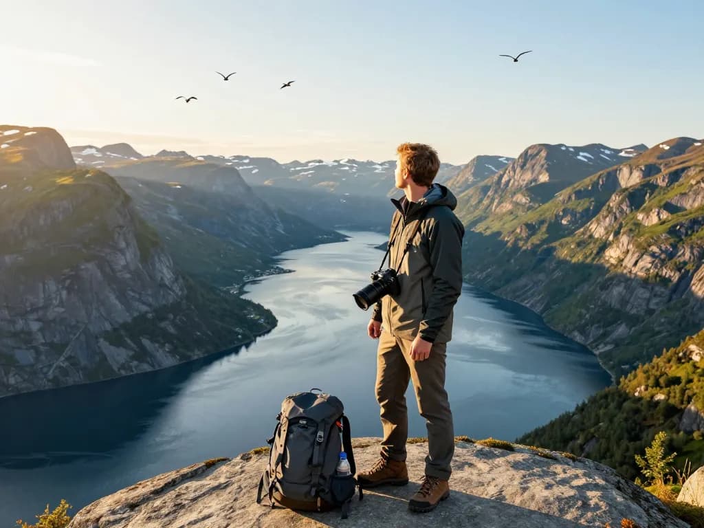 Skandinavien Reisetipps: Reisender genießt atemberaubende Fjordblicke während der goldenen Stunde.