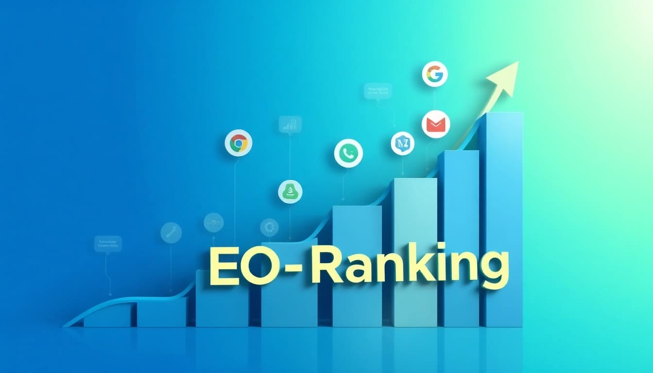 Visualisieren Sie das Wachstum des SEO-Rankings mit einem dynamischen Diagramm und steigenden Pfeilen.