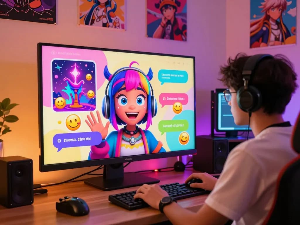 Engaging hentai ai chat with a colorful character in a vibrant gaming room atmosphere