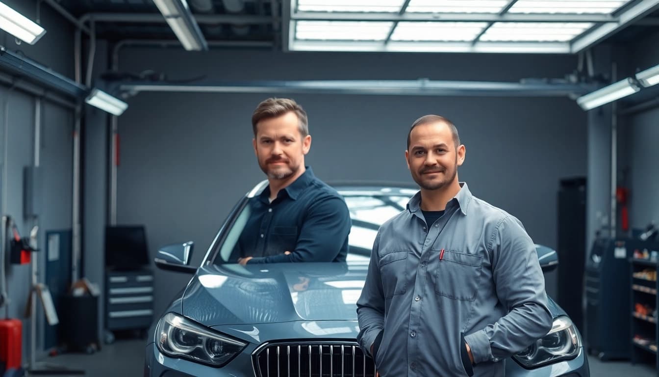 Professionelle Reparatur von Leasing Schäden beheben München mit einem Mechaniker in einem Autoaufbereitungsraum.