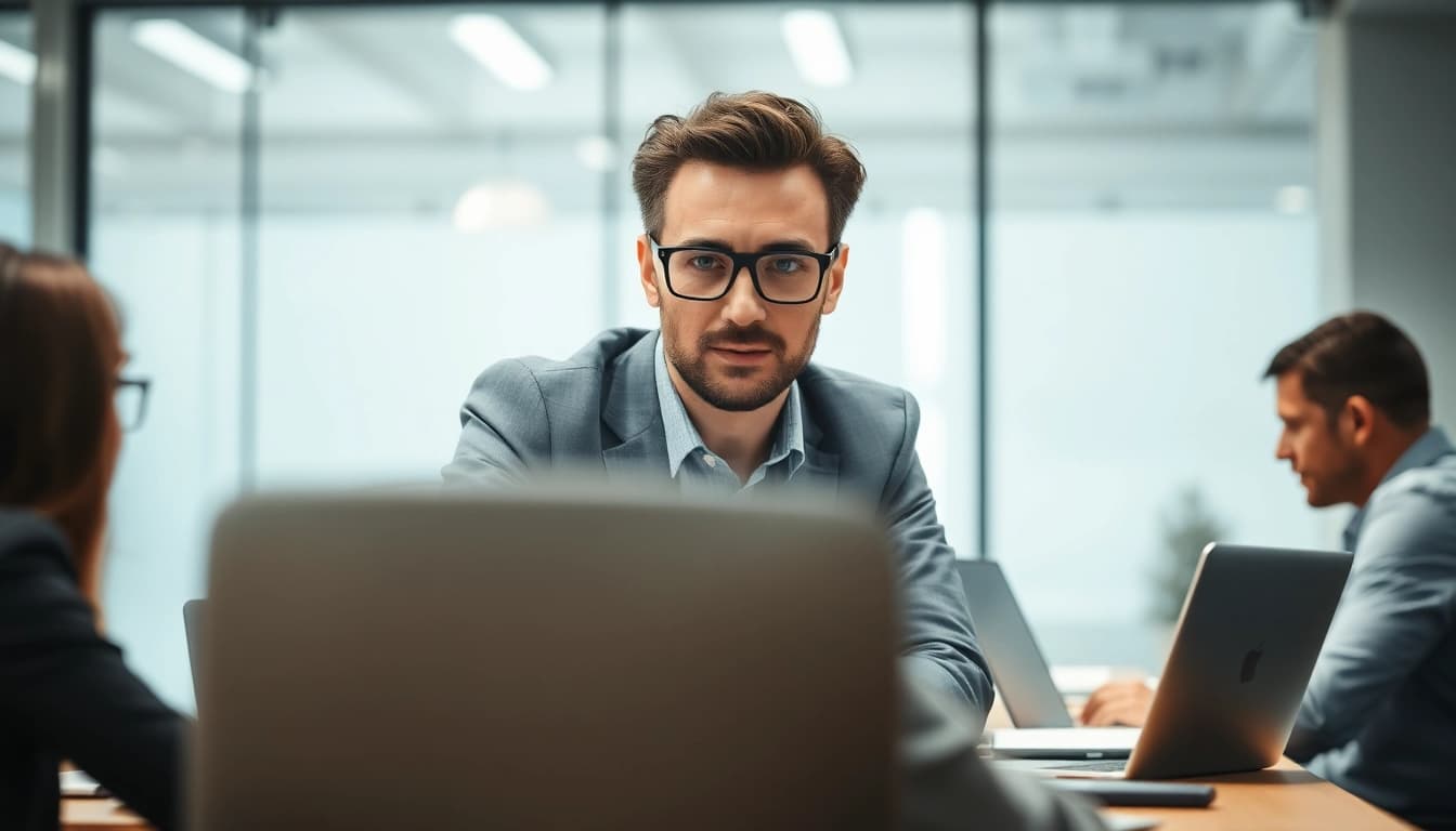 Headhunter IT berät Kandidaten am Schreibtisch in modernem Büro.