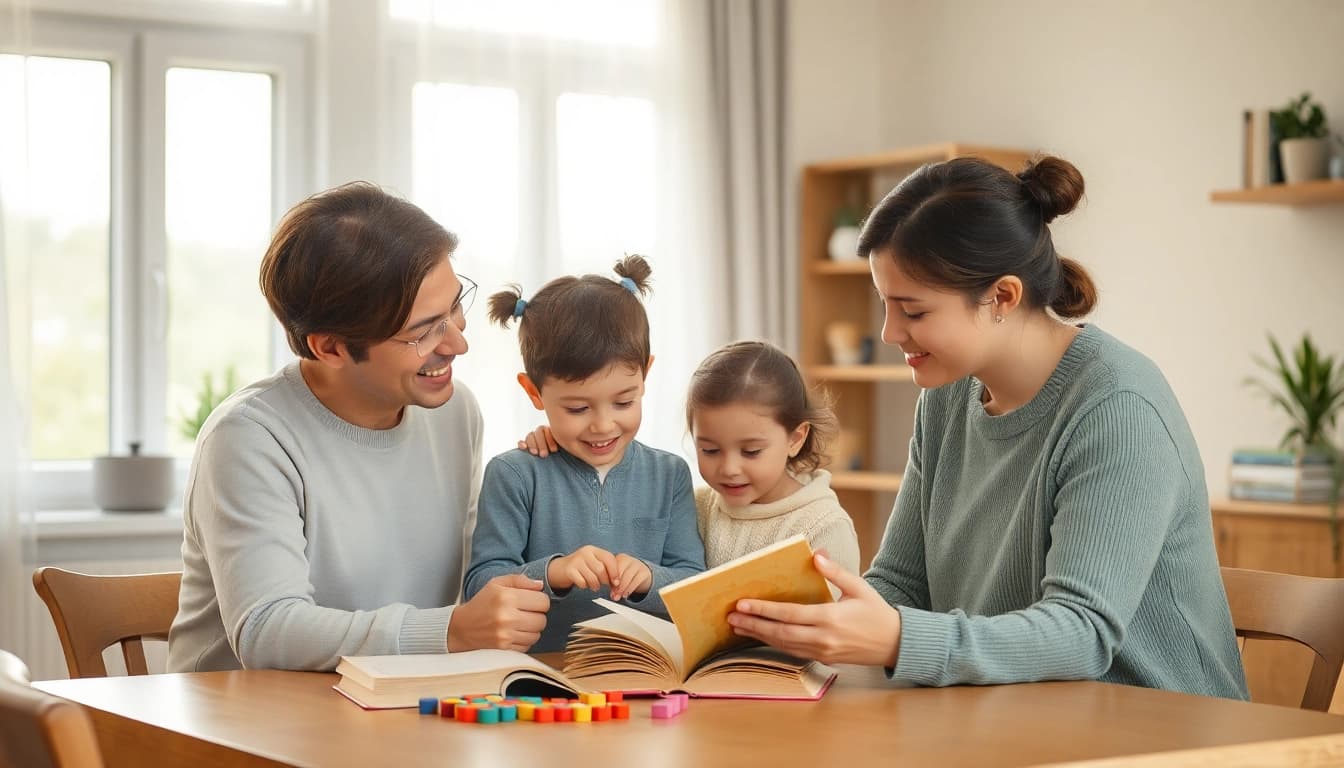 Kindererziehung in einem gemütlichen Familienumfeld, in dem Eltern liebevoll mit ihren Kindern spielen und lernen.