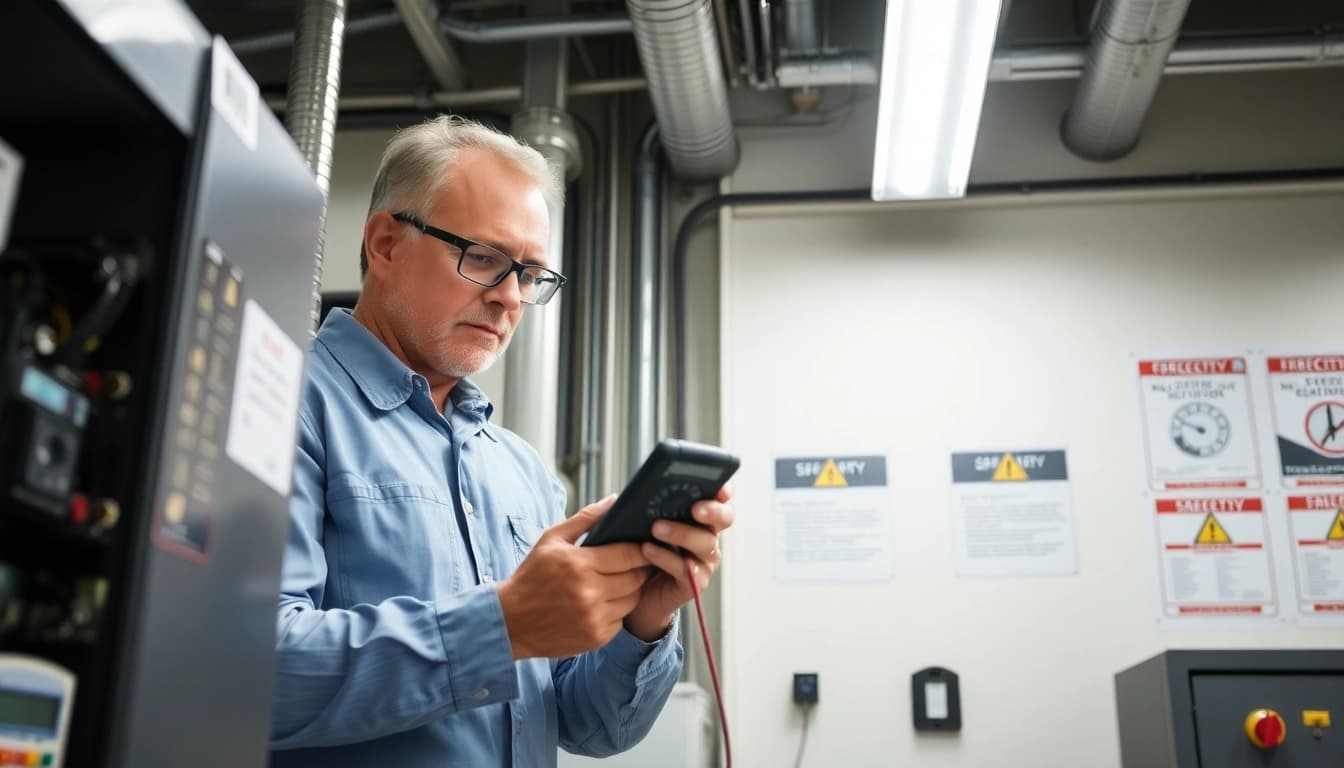 Technician performing DGUV V3 Prüfung on electrical devices for safety compliance inspection.