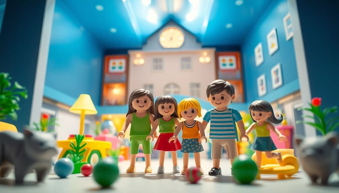 Entdecke das Hotel Playmobil Funpark mit einer spielenden Familie im bunten Kinderbereich.