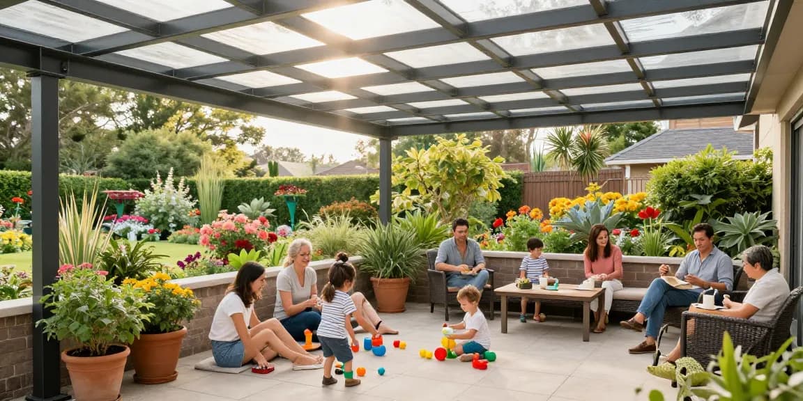 Moderne Terrassenüberdachung aus Aluminium mit Familie, die entspannt und spielt, umgeben von Pflanzen.