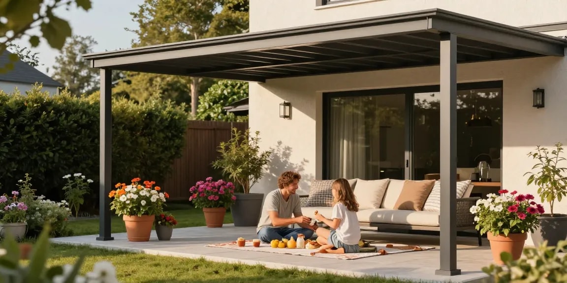 Terrassenüberdachungen im modernen Aluminium-Stil, perfektes Gartenambiente für Freizeit und Entspannung.
