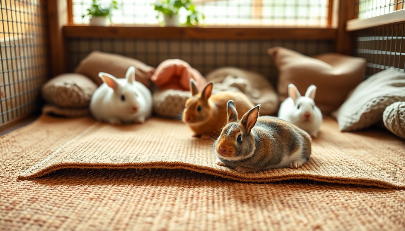 Hanfmatte in einem Tiergehege mit glücklichen Kaninchen und Meerschweinchen.