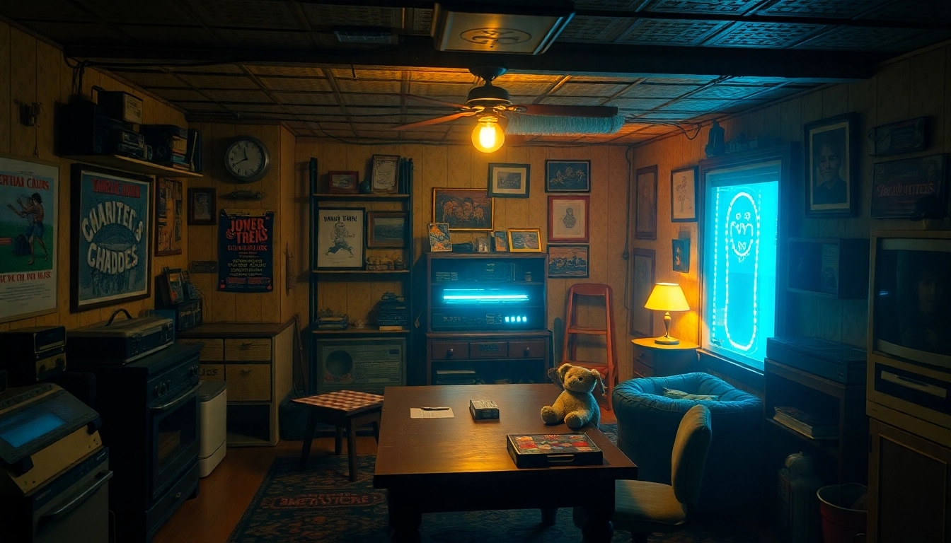 Stranger Things Finale nostalgic scene in a dimly lit basement filled with retro 80s memorabilia, evoking friendship and adventure.