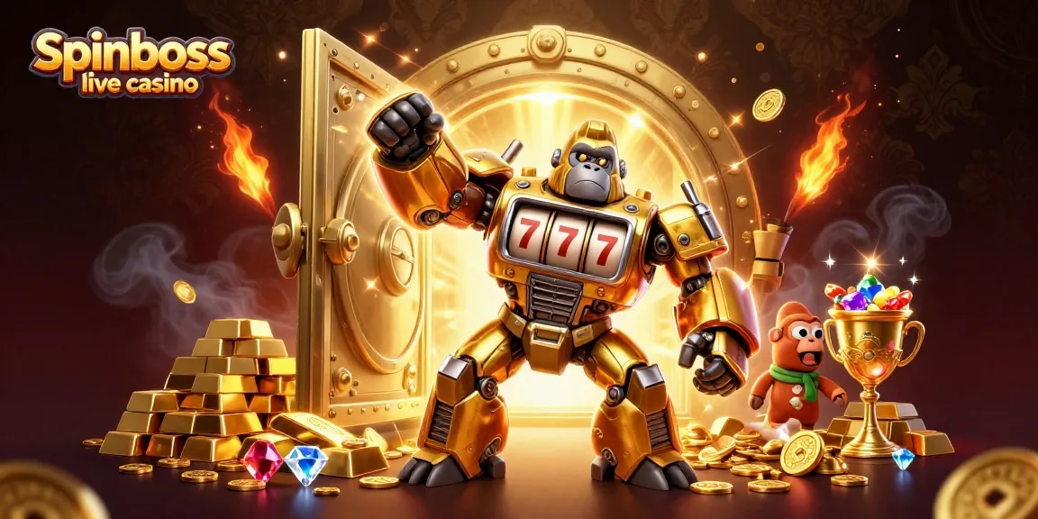 Erleben Sie das SpinBoss Live-Casino mit einem beeindruckenden goldenen Gorilla-Mech, umgeben von Reichtum und Spannung.