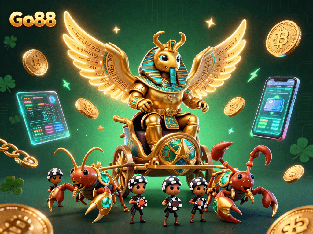 Engage with Go88's dynamic gaming scene featuring vibrant slots, scorpions, and poker chips