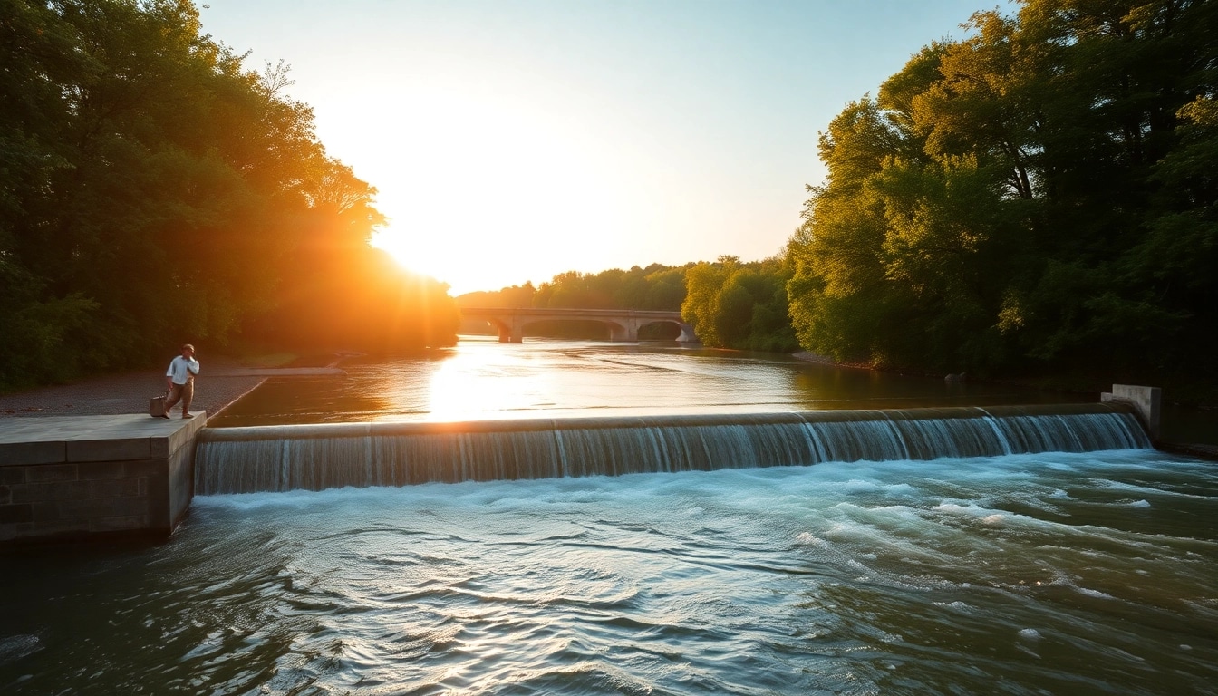 Hochwasserschutzsystem an einem Fluss mit sicherer Installation bei Sonnenaufgang.
