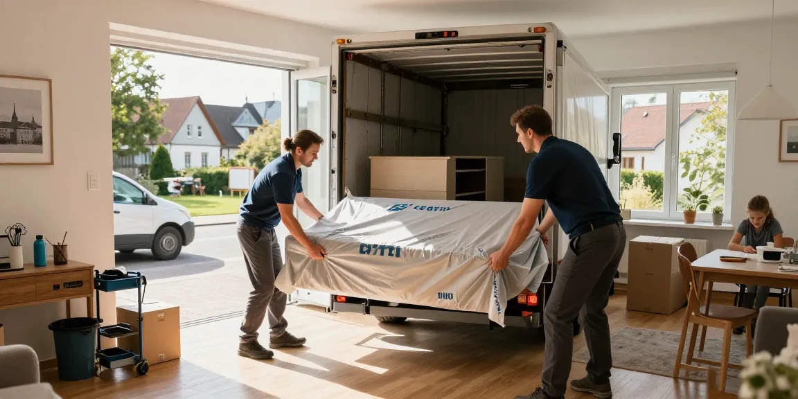 Professionelles Umzugsunternehmen Bruchsal beim Transport von Möbeln und Umzugsvorbereitungen in einem gemütlichen Zuhause.