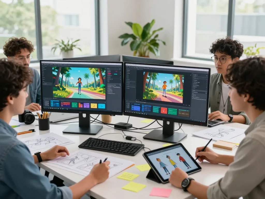 A creative team showcasing motion control ai technology during collaborative session with animations on screens.
