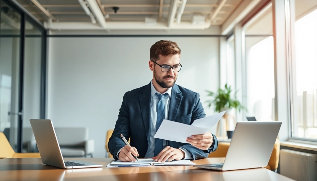 Headhunter Ingenieure diskutiert über Verträge und Unterlagen in einem modernen Büro.