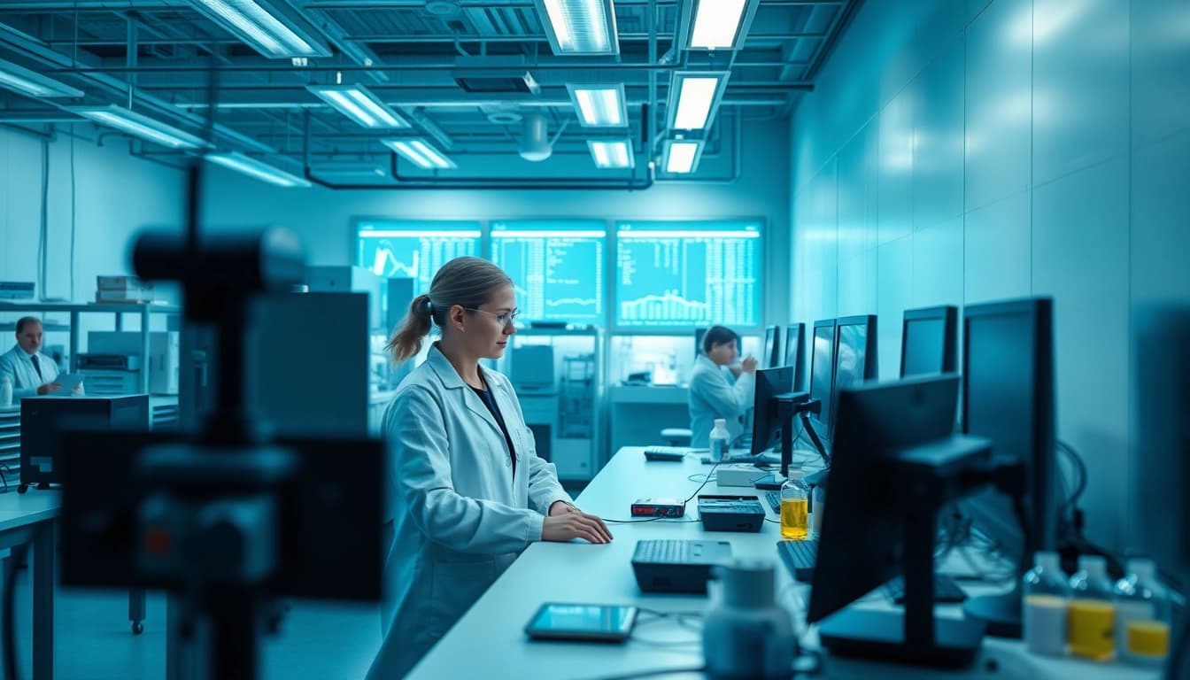 Visualisierung eines Labor Management Systems, das effiziente Verwaltung und Nachverfolgung von Proben in einem modernen Labor darstellt.