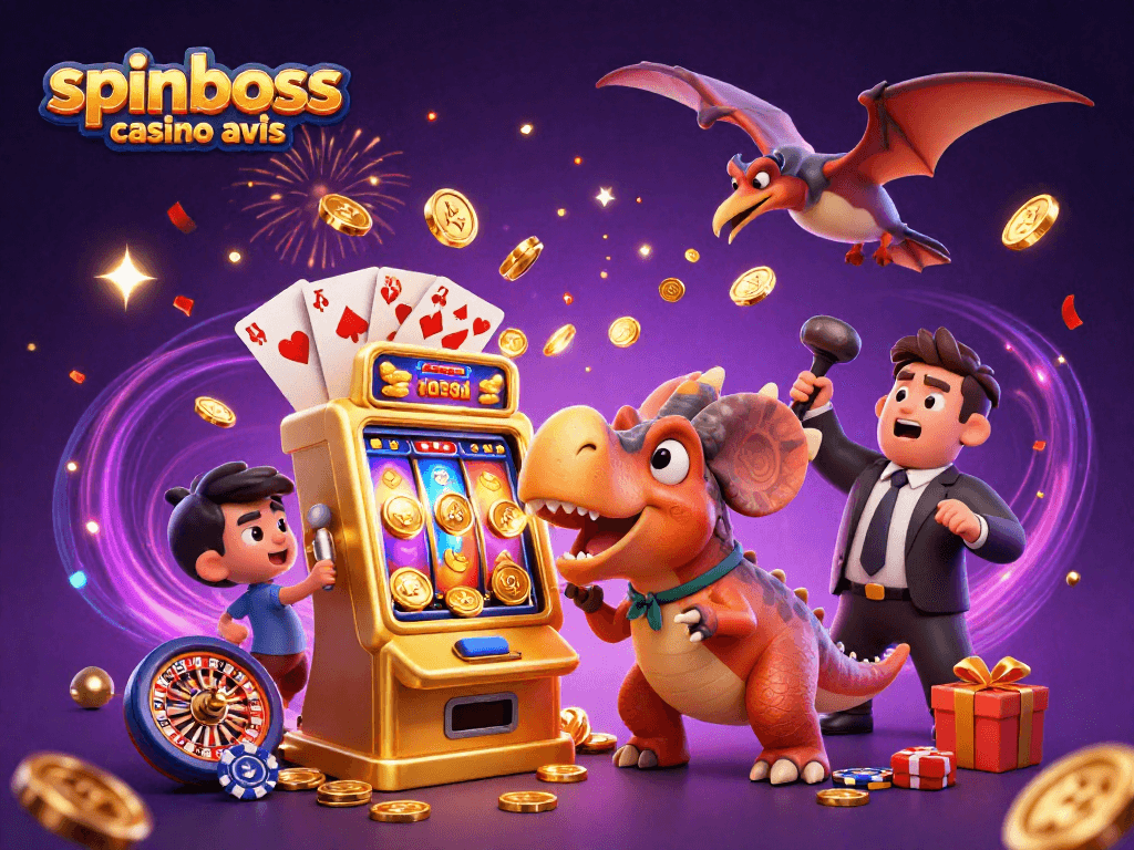 spinboss casino avis mettant en scène un dinosaure jouant aux machines à sous et des pièces d'or volant