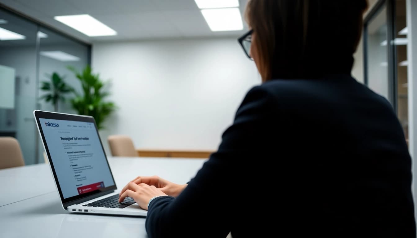 Inkasso beauftragen leicht gemacht: Eine Person nutzt einen Laptop in einem modernen Büro, um Inkassodienstleistungen zu beauftragen.