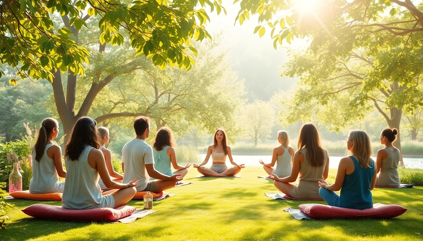 Engaging scene depicting emotional wellbeing through meditation in nature, showcasing diversity and tranquility.