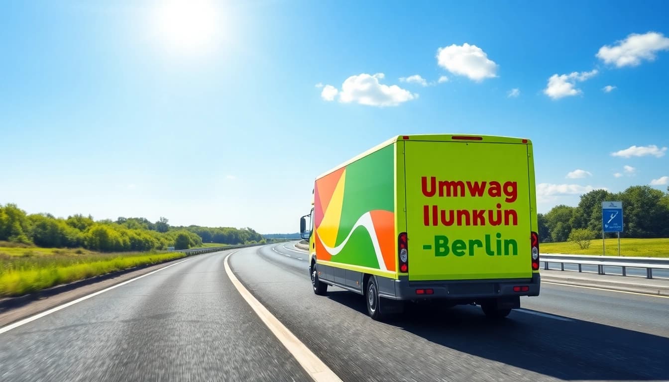 Umzug München Berlin: Moderner Umzugswagen auf der Autobahn zwischen München und Berlin mit einladender Werbung.