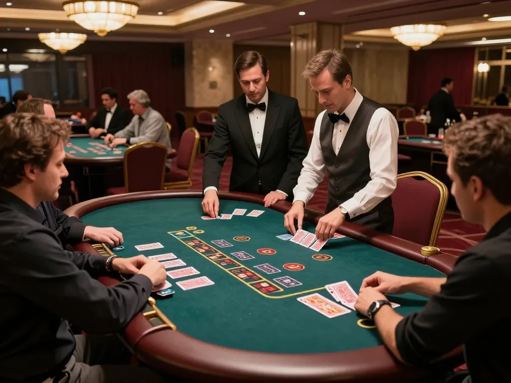 Players engage in blackjack at BJ88BJ's luxurious casino, showcasing strategy and excitement.