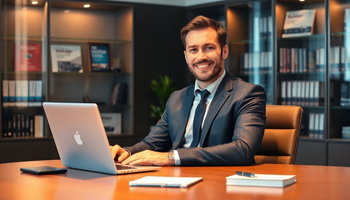 Professioneller Headhunter für Vertriebsmitarbeiter am Schreibtisch mit Laptop und Vertriebsliteratur.