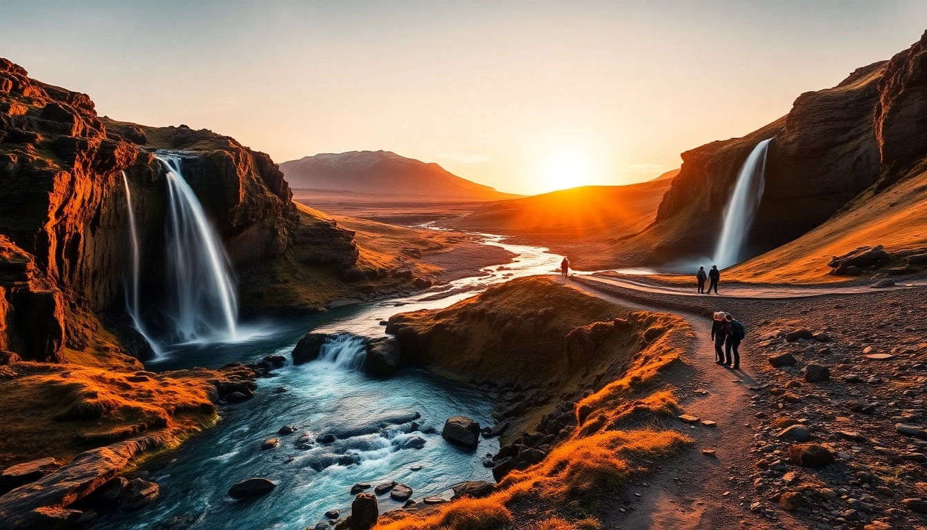 Entdecke eine atemberaubende Wasserfall-Landschaft während deiner Reise nach Island mit Wanderern, die die Natur genießen.