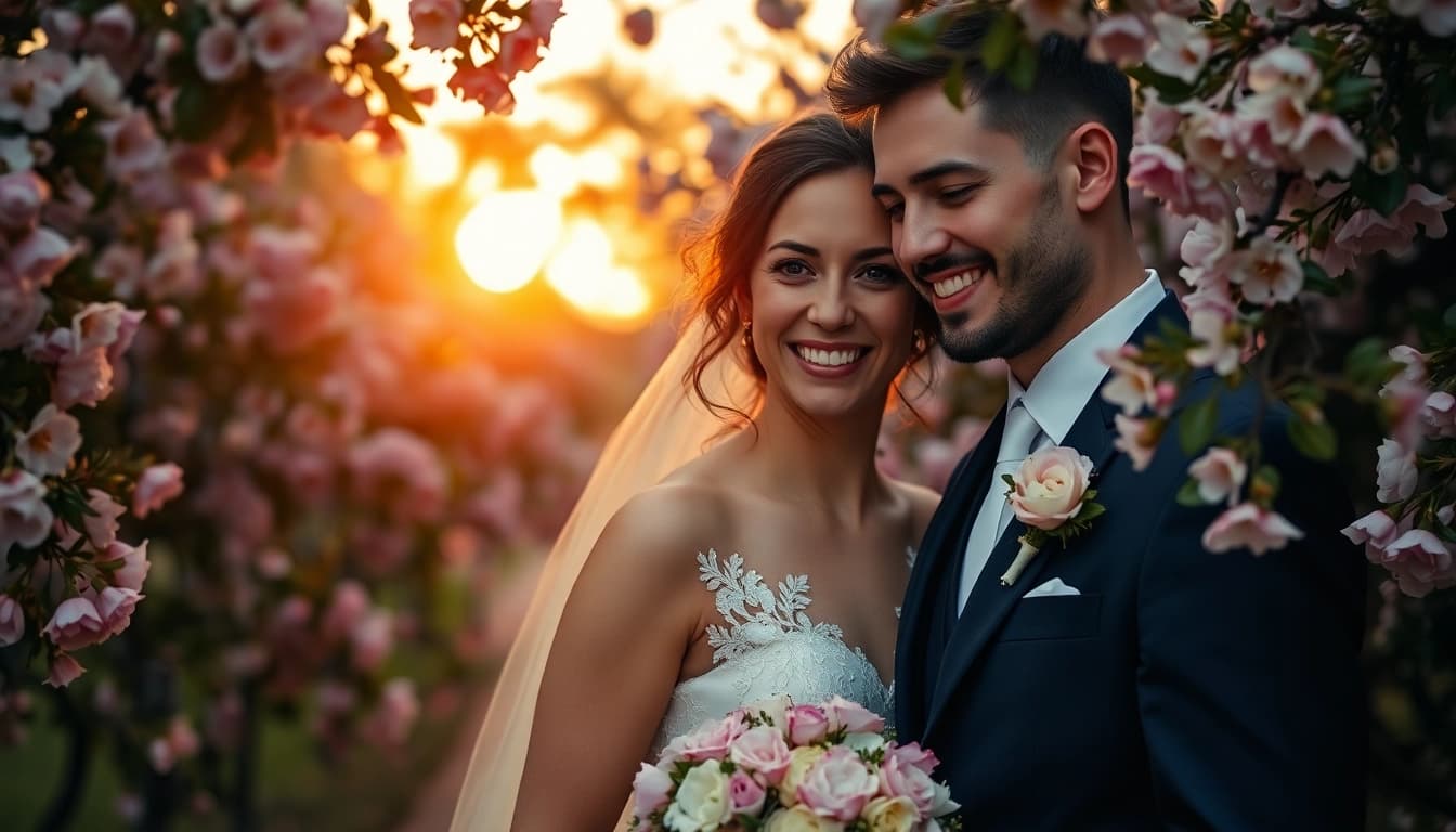 Hochzeitsfotograf Berlin fängt das glückliche Brautpaar unter blühenden Kirschbäumen ein.