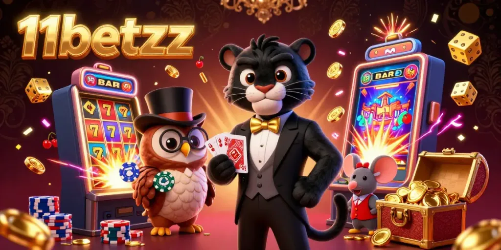 Engaging 3D illustration showcasing 11betzz with blackjack, thrilling poker chips, and dynamic casino action.